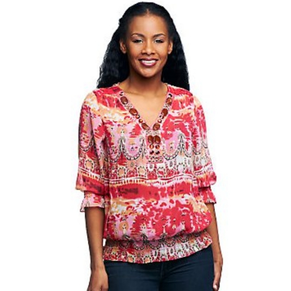M By Marc Bouwer Pink & Orange Tie Dye Beaded Neck Ruffle Hem Blouse Size Small